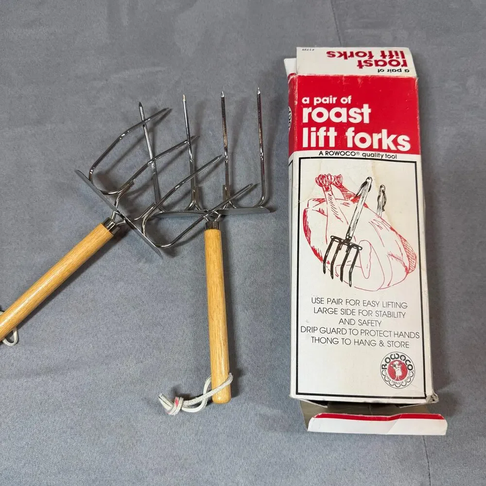 NEW Pair of Roast Lift Forks Rowoco Tool 1729 Wooden Handles Vintage Deadstock